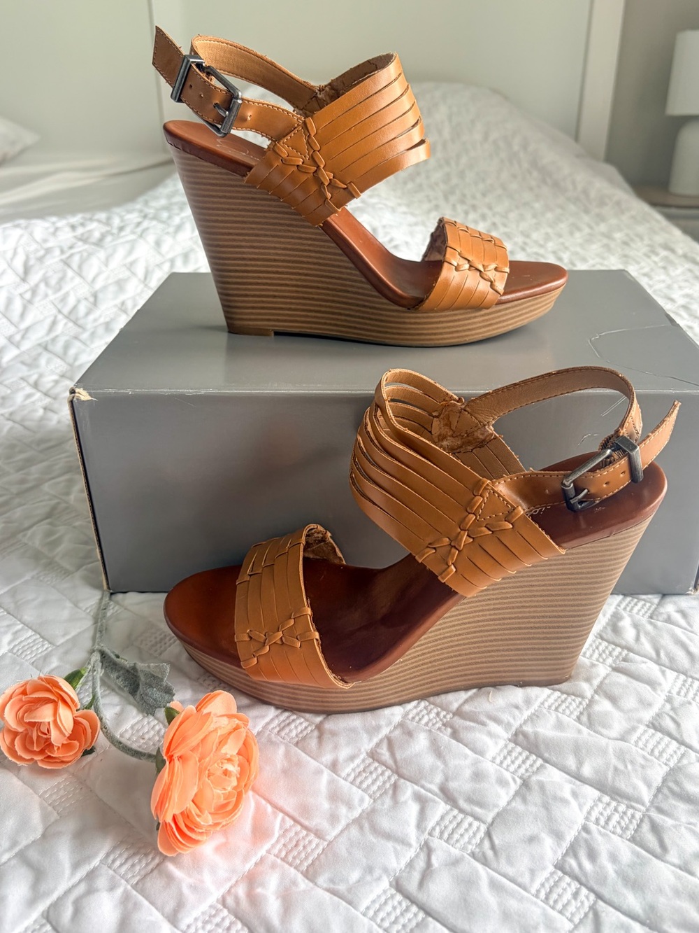 Jessica Simpson Tan Woven Wedge Sandals Women’s 7.5 Cognac Strappy Heels